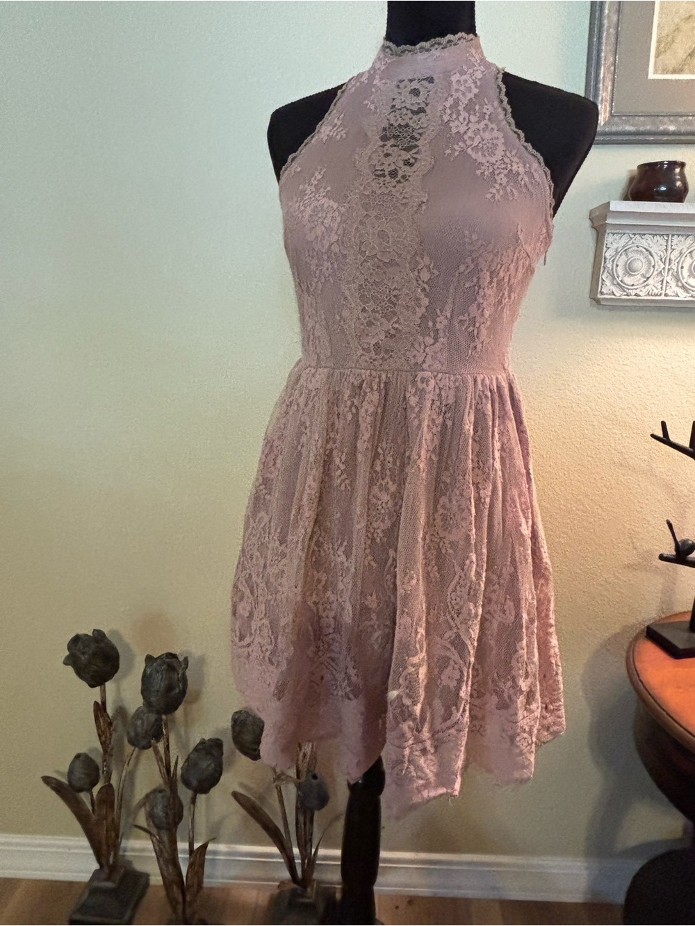 Free People Dusty Rose Lace Halter Mini Dress Open Back Boho